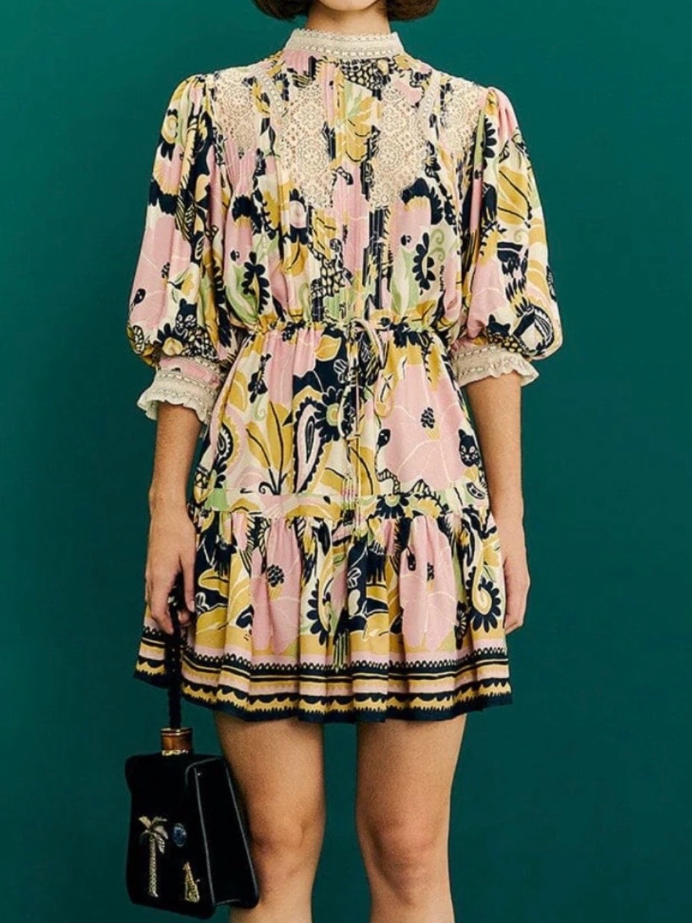 FARM Rio Pink, Yellow & Black Floral Lace-Trim Mini Dress